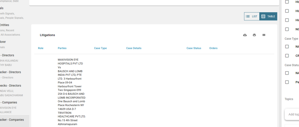 Export litigation data in tables